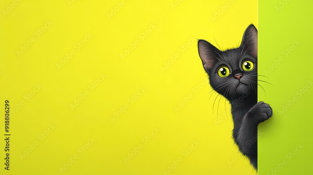 Poster a whimsical black cat playfully peeks from behind a bright green block, adding charm to any space wi