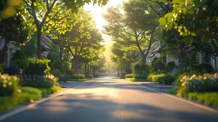 Keuken achterwand Per ruimte Empty street at the nice and comfortable garden at the morning with lovely beautiful sky : Generative AI  © Generative AI