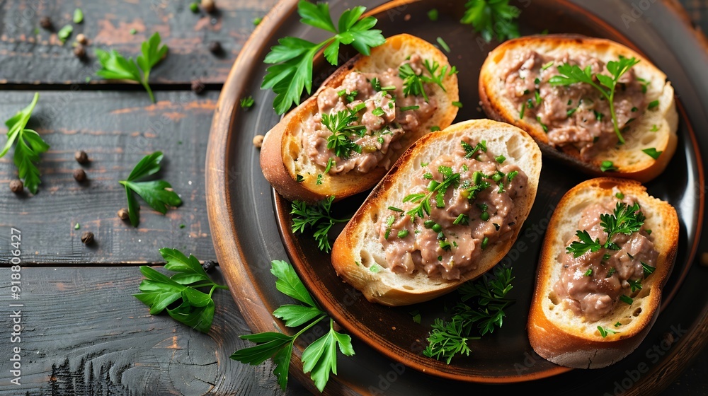 Poster toasted bread with chicken liver pate on plate over wooden background top view flat lay : generative