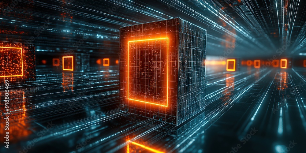 Aufkleber abstract digital data blocks with neon orange frames