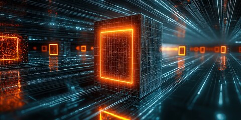 Abstract Digital Data Blocks with Neon Orange Frames