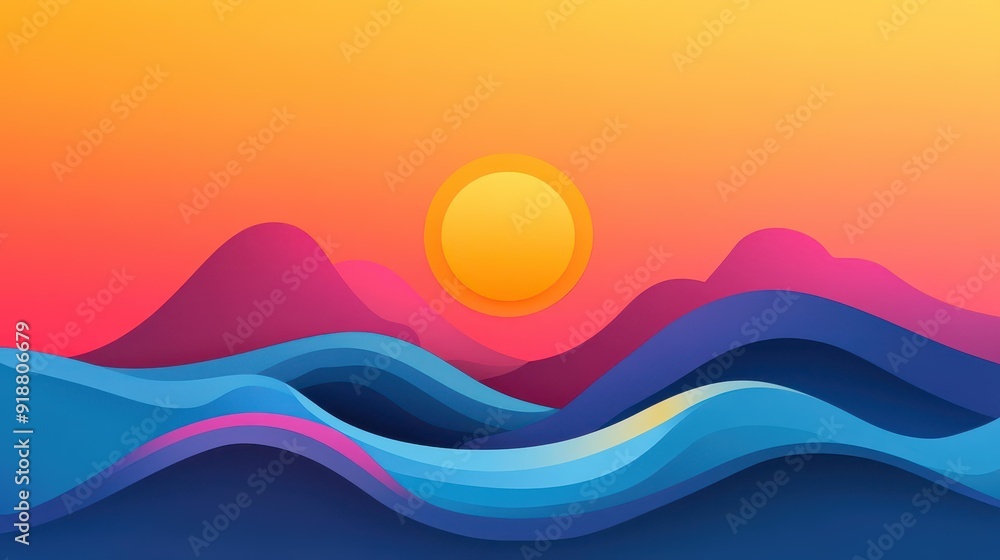 Canvas Prints A vibrant abstract sunset with dynamic waves, showcasing a modern cartoonstyle illustration full of rich textures.