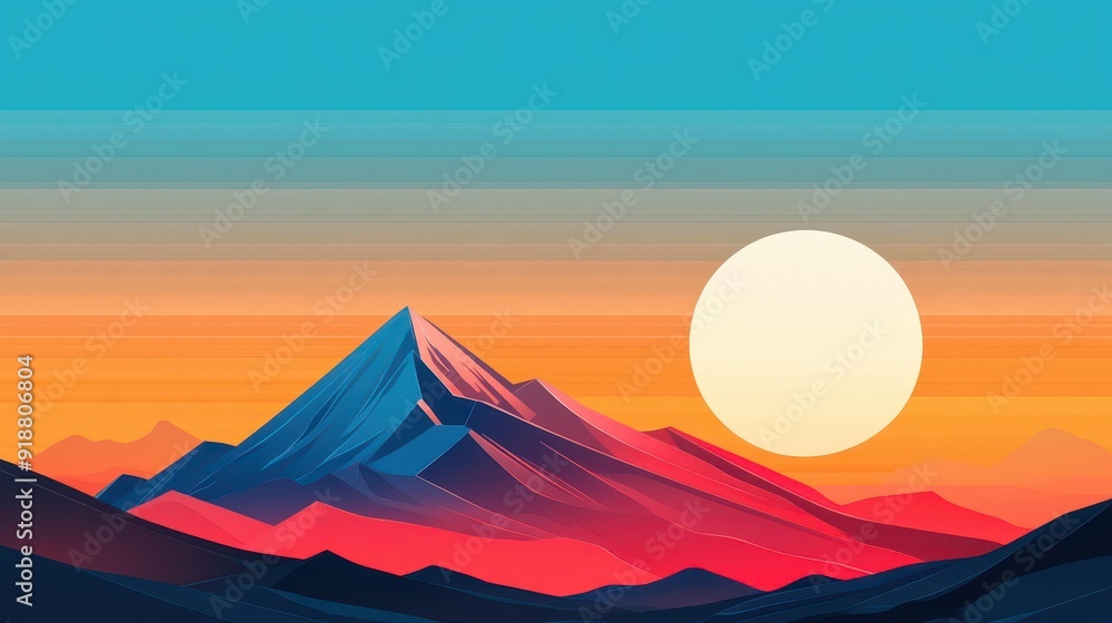 Poster Experience the serene beauty of a tranquil sunset behind majestic peaks in this modern, textured cartoon landscape.