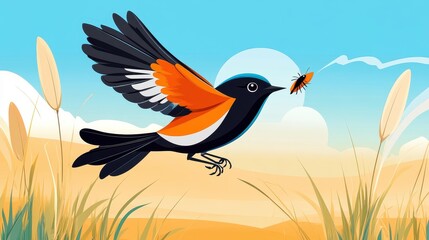 Fototapeta premium A male redstart swoops gracefully, skillfully snatching an insect meal in a vibrant cartoon landscape.