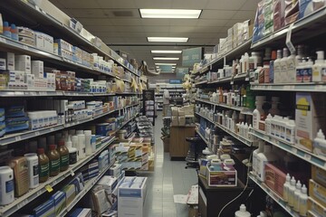 in the pharmacy, shelves filled with various medicines, medical supplies and medicines