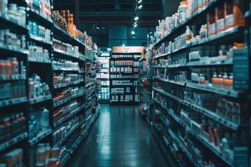in the pharmacy, shelves filled with various medicines, medical supplies and medicines