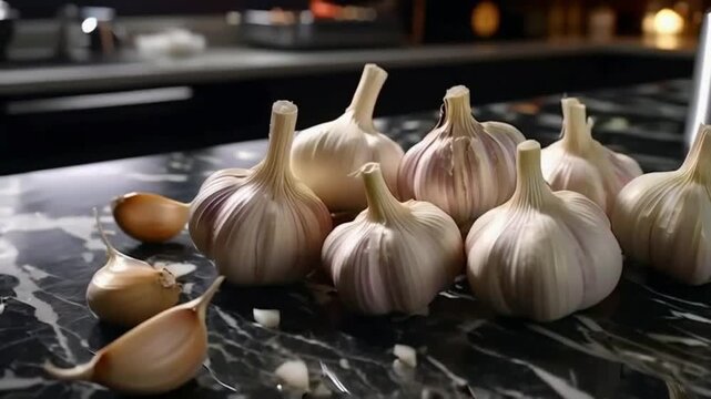 Garlic Bulbs and Cloves on a Dark Marble Counter