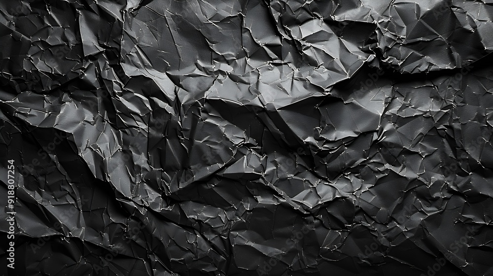 Poster Empty crumpled wet black paper blank texture copy space wall horizontal background : Generative AI