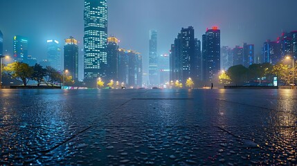 Obraz premium Asphalt road square and modern city buildings at night in Chongqing Panoramic view : Generative AI