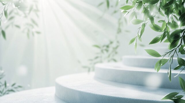 240804 65. Round step floor with subtle gradient, blurred green leaf plant nature background creating a lush backdrop, the snow ground with delicate patterns, elegant minimalism theme, sophisticated