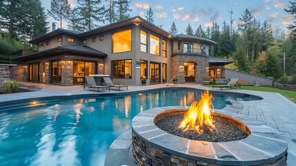 New home beautiful backyard with custom pool with fire pit : Generative AI