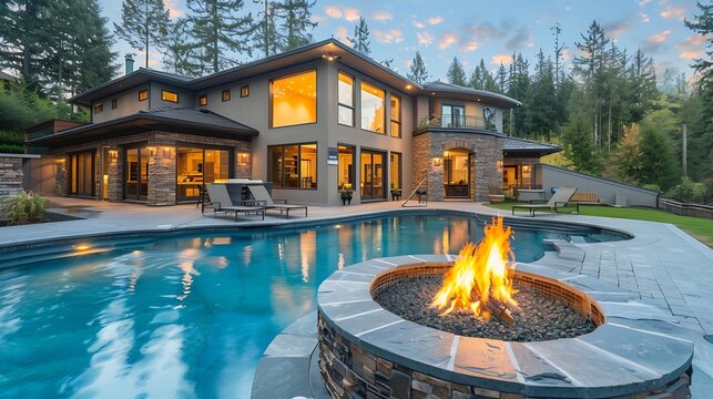New home beautiful backyard with custom pool with fire pit : Generative AI