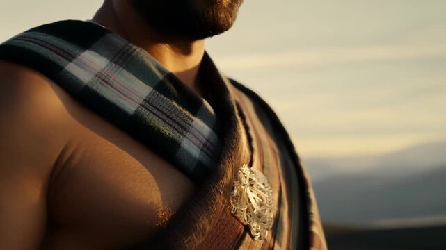 A Highlanders broad chest adorned with a plaid sash is shown in a close up shot.
