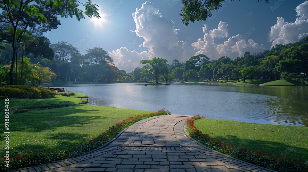 Poster Panorama public park with clipping path : Generative AI