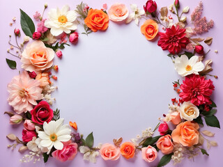 A delightful floral arrangement on a lavender background, featuring roses and peonies in soft hues