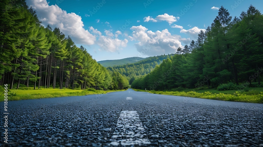 Poster empty square or road through green forest trees under blue sky and clouds : generative ai
