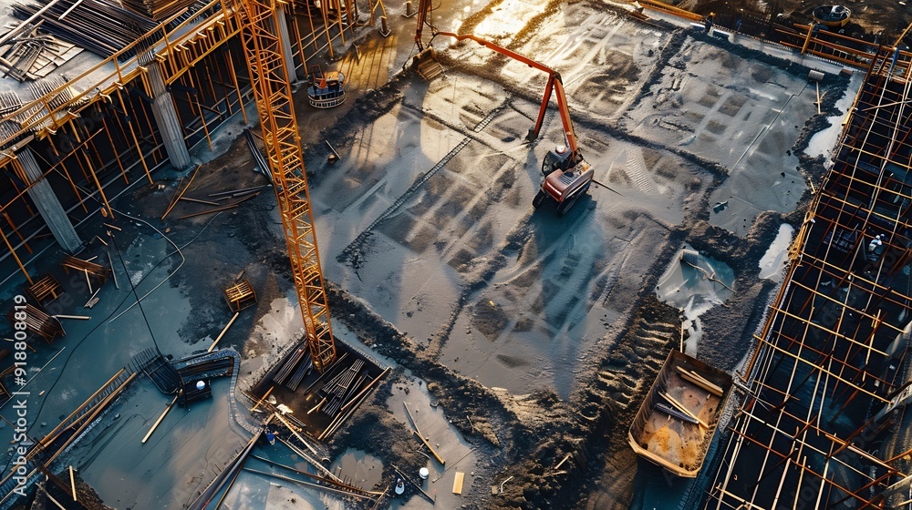 Poster construction site of buildings pouring cement top view new screed concrete with leveling mortar for 