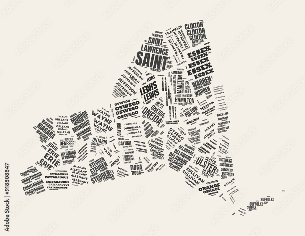 Poster new york word cloud. state with counties division. new york typographic text clouds vector image des