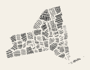 New York Word Cloud. State with counties division. New York typographic text clouds vector image design. Vintage gazette style state shape image. Vibrant vector illustration.