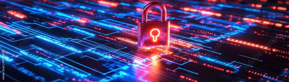 Poster a vibrant digital lock symbolizes cybersecurity on a glowing network background, representing data p
