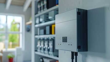 Solar Inverter Hybrid isometric System Controller with Switch Home Battery Energy Storage located in Garage Wall : Generative AI