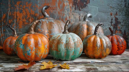 A group of pumpkins arranged on a wooden floor, great for seasonal or autumn-themed designs