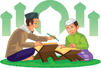 A muslim man teach a muslim boy how to read Quran. Suitable to use as Social Media Content, Greeting Cards, UI, Landing Page, Mobile Apps, Cover Illustration, Poster and Website. Vector Illustration