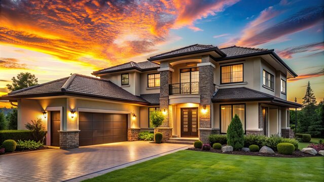 Beautiful luxury home exterior in early evening during golden sunset, luxury, home, exterior, evening, golden, sunset