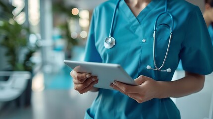 Closeup of nurse using a tablet at clinic reading a patient report while wearing blue scrubs and stethoscope Caucasian female physician holding digital device for medical research : Generative AI