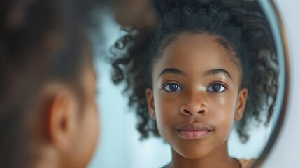 Close up portrait of playful black girl looking at camera in mirror reflection copy space : Generative AI