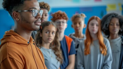 Obraz premium A diverse group of young people stand together on a blue floor as a male teacher instructs them in a bright classroom setting : Generative AI