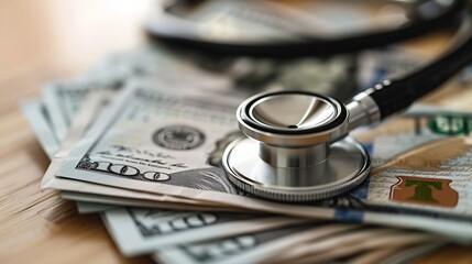 A closeup image of a black stethoscope wrapped around a stack of US dollar bills Cost of healthcare financial burden copay concept : Generative AI