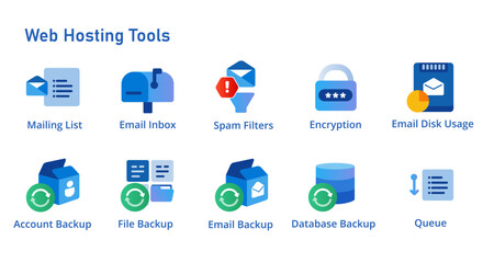 Icon set collection of mail inbox encryption and filter backup database file and full account disk usage web hosting tools collection