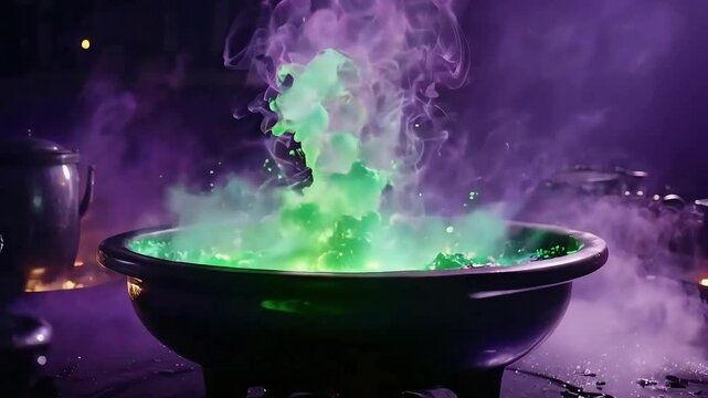 Magical Cauldron Brew: Glowing Green Potion and Purple Lighting