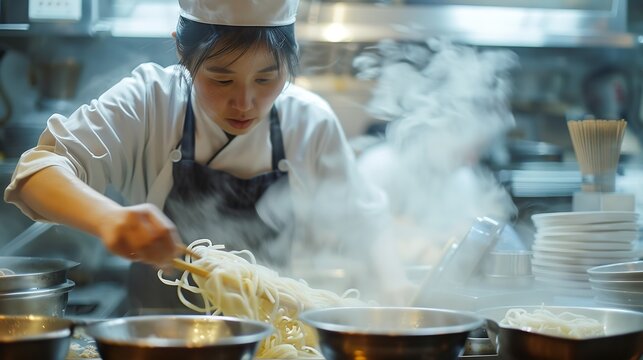 A restaurant worker boiling noodles in the kitchen Ramen shop : Generative AI