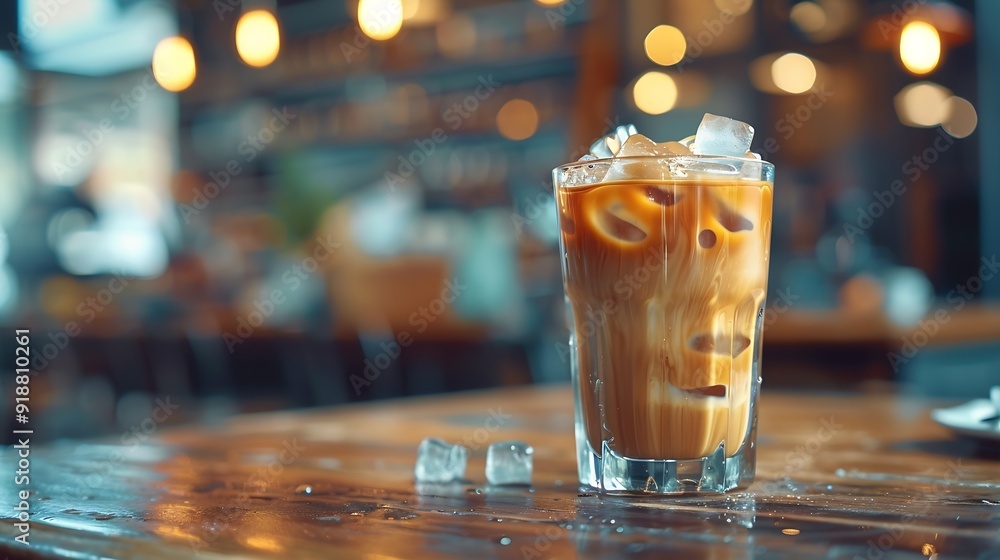 Poster iced coffee with ice cubes in a glass on the table : generative ai