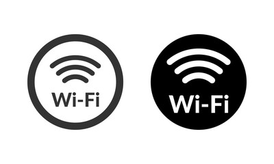 Two wi-fi black round icons. Free wireless zone outline circle symbol. Public wifi area solid sign.