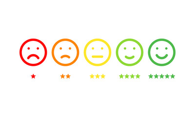five different colors and moods smiles with stars, outline vector icons set