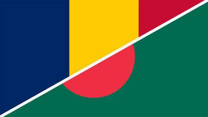 Chad and Bangladesh flags combined in a split design, symbolizing international relations, global unity and cultural exchange