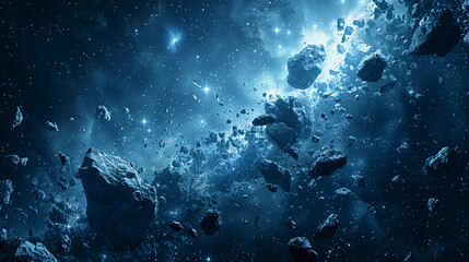 Wide view of the dark asteroid belt, clusters of small meteoroids scattered across the frame