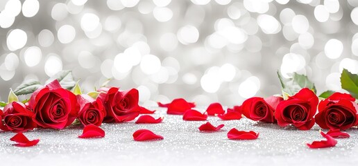Red roses on a white table with a blurred silver background. This image is perfect for Valentine's Day, weddings, or any romantic occasion.