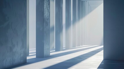Obraz premium Gentle beams of light filter through tall concrete columns, creating a serene atmosphere in this architecturally stunning location during early morning hours
