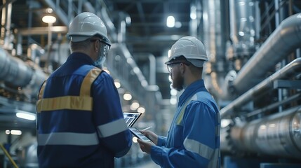Heavyduty industrial engineers stand in a pipeline manufacturing facility using digital tablet computers for the construction of products to transport oil gas and fuel : Generative AI