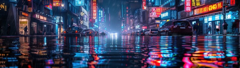 Obraz premium Vivid neon lights reflect on wet streets in a bustling cityscape, portraying an energetic urban nightlife scene.