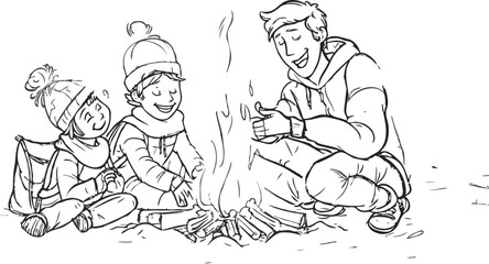 Campfire, family enjoying warmth. White background 