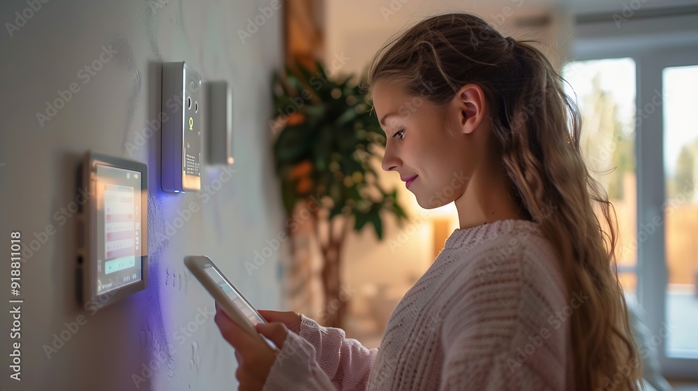 Poster daughter in her father using tablet panel application for control smart home living wireless device 