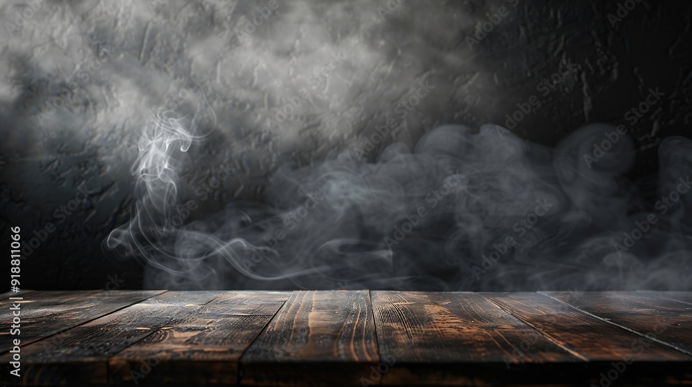 Aufkleber On a black background an empty wooden table with smoke floats up Empty space for displaying your products with a smoke float up on a dark background Space available for displaying your : Generative AI