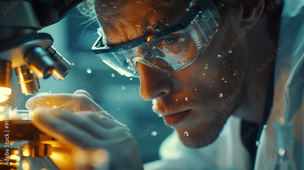 Poster scientist analyze biochemical samples in advanced scientific laboratory medical professional use mic