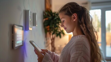 Daughter in her father using tablet panel application for control smart home living Wireless device controller for home automation IoT on the wall High quality photo : Generative AI