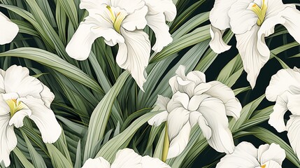 Elegant white iris flowers painted in watercolor style, forming a continuous pattern with lush green leaves, creating a luxurious and timeless look